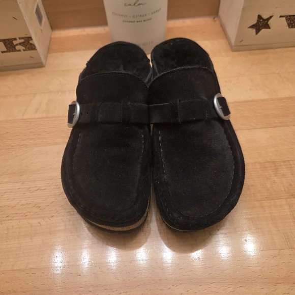 Birkenstock Buckley Shearling Clogs Black Suede Shoes Women's Size 38 - Picture 2 of 8